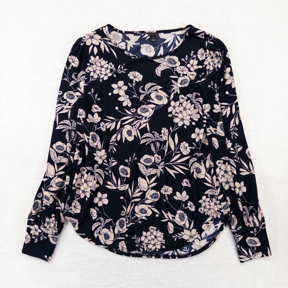 Ann Taylor Womens Top Size Medium Navy Blue Floral Long Sleeve Blouse Feminine